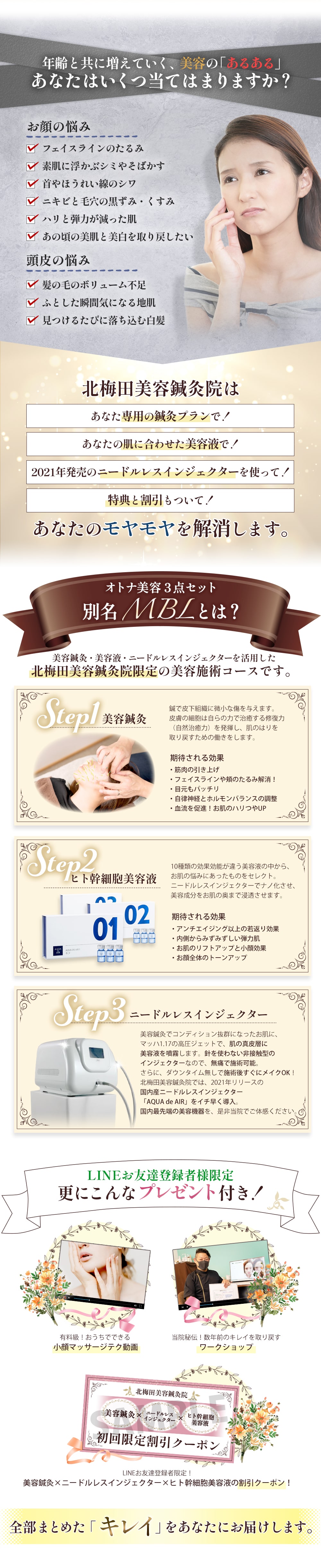 MBLとは美容鍼灸×美容液×ニードルレスインジェクターを活用した北梅田美容鍼灸院の美容施術コースです。LINEご予約でプレゼント付き！